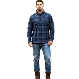 Men’s Blue Plaid 1/4 Zip Pullover Flannel Sweater XXL John Wayne Stock & Supply